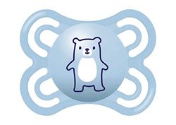 MAM Chupeta, 2-6 meses, com étina simétrica, plana, extra fina e flexível, de silicone Skin Soft de fácil aceitação, com caixa auto-esterilizadora, MAM Perfect, azul mate, pack de 1 unidade
