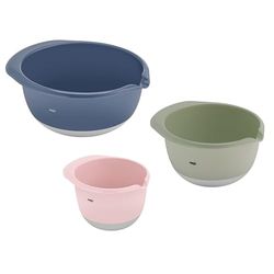 Emsa K324S3 Prep&Bake Set med 3 blandningsskålar i plast | 1,4 + 2,8 + 4,7 l | halkfri botten | perfekt stabilitet | hällläpp för exakt, ren hällning | diskmaskinssäker | rosa/grön/blå