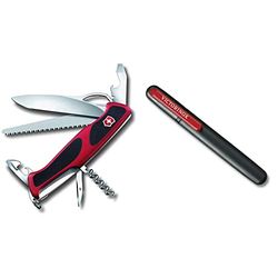 Victorinox, Ranger Grip 79, coltellino svizzero (12 funzioni, lama bloccabile a una mano) colore rosso/nero & affilatrice doppia, legno, nero/rosso, misura unica