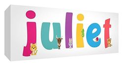 Little Helper canvas Box Galerie verpakt met gekleurd front paneel illustratieve stijl met de naam meisjesnaam Juliet 15 x 42 x 3 cm klein