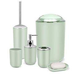 IMAVO Set di accessori da bagno – Set di 6 accessori da bagno verde con cestino, dispenser di sapone, portasapone, portaspazzolino e tazza, portascopino per WC, set di accessori per il bagno completo