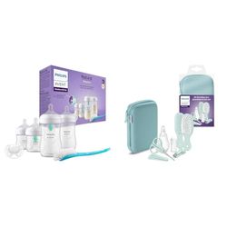 Philips Avent AirFree babyfles voor pasgeboren baby's - 4 babymelkflessen voor baby's (model SCD657/11) & Philips Avent-babyverzorgingsset - met 9 accessoires (model SCH401/00)