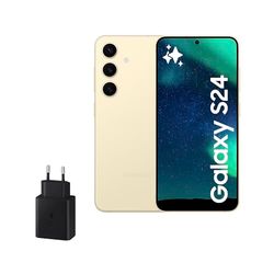 Samsung Galaxy S24 y Cargador 45W, Teléfono Móvil con IA, Smartphone Android, 8 GB RAM, 256 GB Almacenamiento, Cámara 50MP, Batería Larga Duración, Amarillo Amber (Versión Española)