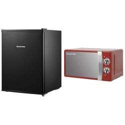 Russell Hobbs RHTTF67B 66 Litre Reversible Doors Table Top Mini Fridge, Black & RHMM701R 17 Litre 700 W Red Solo Manual Microwave with 5 Power Levels, Ringer & Timer, Defrost Setting, Easy Clean