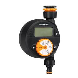 Fiskars Timer met 1 uitgang, voor alle standaard kranen, makkelijk afleesbaar LCD-display, universele maat, 380 g, zwart/oranje, 1054791