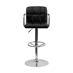 Flash Móveis contemporâneos preto acolchoado vinil altura ajustável banco de bar com braços e base de crómio, plástico cromado, preto, 2 unidades