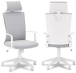 Ibbe Design Ergonomiczne Krzesło Biurowe Obrotowe Komputerowe Krzesło Bolero z Podłokietnikam, Regulacja wysokości siedziska, Biały/Szary, Tkanina, Funkcja przechylania, 60x61x130 cm