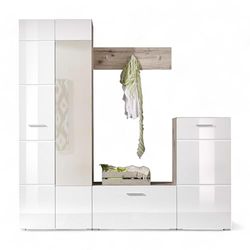 Stella Trading Sixx garderobeset in wit hoogglans/zandeiken look - moderne compacte garderobekast 4-delig voor uw entree - 195 x 195 x 36 cm (B/H/D)