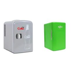 Koolatron Diet Coke Mini Fridge 4L Small Fridge 6 Can Table Top Mini Fridges 12V Portable Cooler Grey + Retro Mini Fridge 6L 8 Can Quiet Mini Fridges for Skincare Food Drinks Home Car & Travel Green