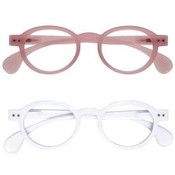 OPULIZE OCA Occhiali da lettura - Pacco da 2 - Montatura Moderna Retró Rotonda - Rosa Bianco - Uomini Donne - Cerniere a molla - RR54-4W - +1.50