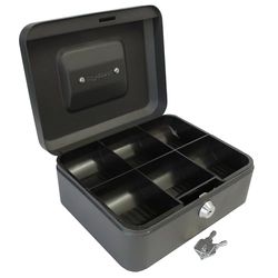 Cathedral Products Key Lockable Cash Box with Lift Out 6 Compartment Coin Tray - 8 Inch - Black