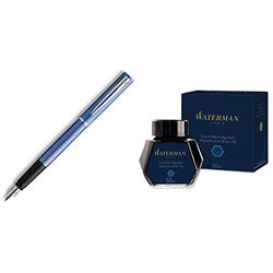 Waterman Graduate Allure pluma estilográfica, lacado azul, plumín mediano, tinta azul, estuche de regalo & tinta para pluma estilográfica, azul misterioso, frasco de 50 ml