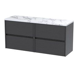 Hudson Reed HAV2204LCM2 Havana Modern Bathroom Wall Hung 4 Drawer Vanity Unit and Carrera Marble Laminate Worktop, 1200mm, Graphite Grey Woodgrain