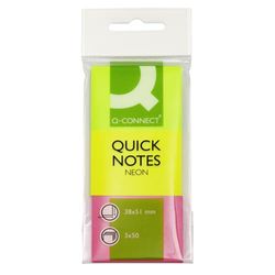 Bloc de notas adhesivas quita y pon q-connect 38x51 mm neon pack de 3 unidades con 50 hojas por color