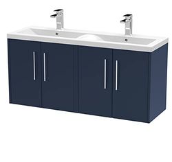 Hudson Reed JNU2923F Juno Modern Bathroom Wall Hung 4 Soft Close Door Vanity Unit and Double Ceramic Basin, 1200mm, Midnight Blue