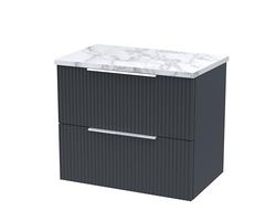 Hudson Reed DFF1493LCM Fluted Modern Bathroom Wall Hung 2 Soft Close Drawer Vanity Unit and Carrera Marble Laminate Worktop, 600mm, Soft Black