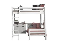 VIPACK Lit Mezzanine 140x200 - Lit Junior 90x200 2 sommiers Inclus et Commode 4 tiroirs Pino - Blanc