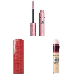 Maybelline New York Bundle; SuperStay Vinyl Ink 15 Peachy, Lash Sensational Sky High Volumising & Lengthening Mascara Black, Instant Anti-Age Eraser Eye Concealer Ivory