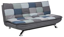 AC Design Furniture Jasper Sofá cama Patchwork azul/cinzento, com 3 posições reclináveis, moderno de 3 lugares sem apoio de braços, estofada com pernas cromadas, L: 196 x A: 91 x P: 98 cm