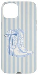 Blue Stripes Floral Bow Coastal Cowgirl Boots Summer Beach Case for iPhone 15 Plus