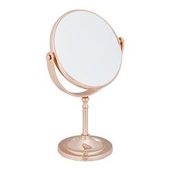 Relaxdays make up spiegel, 2x vergroting, spiegeltje dubbelzijdig, 360° draaibaar, rond, HBD 27.5x18x10.5 cm, koper