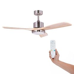 Kekai Plafondventilator, DC 132 x 40 cm, 55 W, zilver, met houten bladen, DC-motor, dimbaar licht met 3 temperaturen, 6 snelheden, timer en aansluiting met smart-app