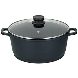 Cast Aluminium Casserole Dish with Glass Lid, Induction Safe with Teflon Coating for Soup, Stew, Casserole with Lid, Oven Safe, Black (20cm)