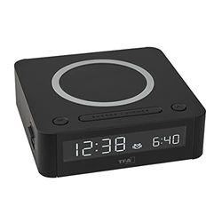 TFA Dostmann Despertador Digital Easy-Charge inalámbrico, 60.2030.01, con estación de Carga inalámbrica Qi, Pantalla a Color, Alarma de Alarma con 2 volúmenes, función de repetición, con Adaptador de