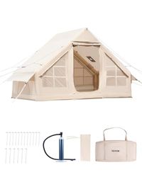 VEVOR Tente de Camping Gonflable, 3x2x2 m, Tente de Glamping pour 3 à 5 Personnes Oxford 300D Facile à Installer, avec Pompe à Main, Portes, Fenêtres en Maille, Sac de Rangement, Transport Simple