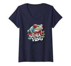 Mujer Pura Vida Costa Rica Rana arbórea de ojos rojos Camiseta Cuello V