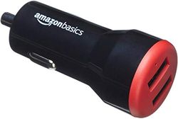 Amazon Basics Carregador de carro USB-A de 2 portas - 24 W - para telefones (iPhone 16/15/14/13/12/11/X, Samsung e mais) - Não PPS - preto/vermelho