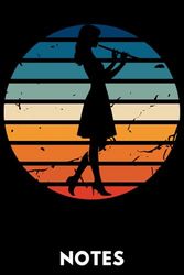 Flötistin Notizbuch im Vintage-Design – Musiker Geschenk: Perfektes Notizheft für Flötistinnen & Musikliebhaber – Stylische Silhouette vor bunten Streifen