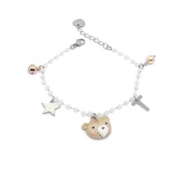 Bracciale orsetto e charms - braccialetto catena acciaio cristalli bianchi muso di orsetto e charms