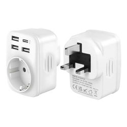 Adaptador Enchufe UK a Español Con 3 USB-A y 1 USB-C Para Reino Unido, Irlanda, Inglaterra, Escocia