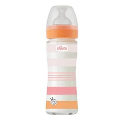 Chicco Biberon Bien-Être Débit Lent, Tétine Physio en Silicone Souple et Doux, Système Anti-Colique, Réduit les Régurgitations et L'Irritabilité, Biberon en Verre de 240 ml, 0 Mois et plus, Rose