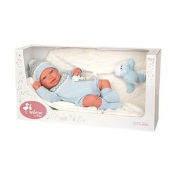 ARIAS - Bambola Reborn Ibai da 45 cm con coperta e peluche, bambino realistico con vestiti blu, ciuccio e ciuccio, punte in vinile e corpo morbido, giocattolo per bambini e ragazze dai +3 anni