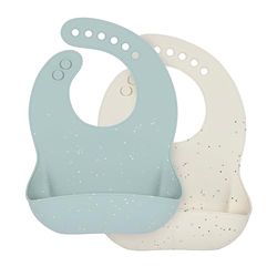 LÄSSIG babyhaklappsats i silikon (2 delar) barnlappar med droppbricka kan tvättas i diskmaskin, blå/beige