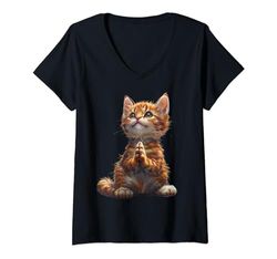 Mujer Meditar Gatito Santo Gato Mediador Fe Dios Religión Camiseta Cuello V