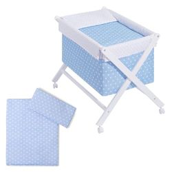 Interbaby Berceau en Croix Hêtre Blanc + Parure + Nacelle + Matelas Modèle Etoile Bleu