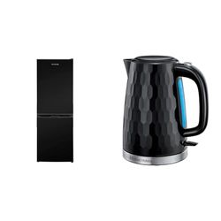 Russell Hobbs Low Frost Black 60/40 Fridge Freezer, 173 Total Capacity & Honeycomb Electric 1.7L Cordless Kettle (Fast Boil 3KW, Black premium plastic