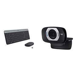 Logitech MK470 Slim Wireless Keyboard & Mouse Combo - Black & C615 Portable Webcam, Full HD 1080p/30fps