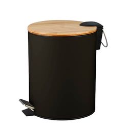 Amig - 3L Bathroom Pedal Bin Mod. Naturline - Black and Bamboo - Hands-Free Hygienic Opening - Ø16.8 x 23 cm - Lacquered Stainless Steel - Round Bin with Airtight Lid