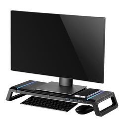 Ewent RGB Foldable Monitor Stand, Adjustable Screen Mount, Width Adjustable Desktop Monitor Screen Riser, with Storage Drawer+Smartphone/Tablet Stand+ 4 USB, for PC/iMac/Printer/Laptops/TV, Black
