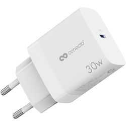 conecto Cargador USB-C, Fuente de alimentación USB, 1x Puerto USB-C de 30 vatios PD, Cargador rápido GAN, Cargador de teléfono móvil, Blanco