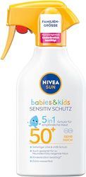 NIVEA SUN Babies & Kids Sensitiv ochrona przeciwsłoneczna, SPF 50+, ekstra wodoodporny krem przeciwsłoneczny w formacie Trigger, bezzapachowa ochrona przed słońcem dla skóry dziecka (270 ml)
