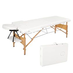 Meerveil Massagetafel, inklapbaar, 2 secties, inklapbaar, van PU en hout, met afneembare hoofdsteun, met transporttas en accessoires (wit), 198 x 60 x 81 cm