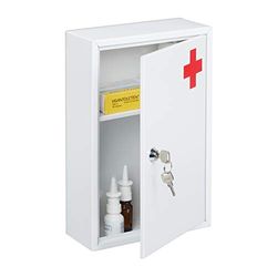 Relaxdays Medicine Cabinet, Lockable, 2 Compartments, HxWxD: 32 x 21.5 x 8 cm, Wall Mounted, First Aid, Metal, White/Red, Iron