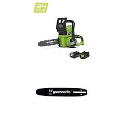 Greenworks Tools 2000007UA/20097T Cordless Chainsaw with 2 Ah Battery and Charger, 24 V, Green, 25 cm+Greenworks 25cm (10") Chain Bar Oregon - 29577