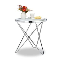 Relaxdays bijzettafel glas, medium, chroom, melkglas, salontafel, staal, rond, H x ∅: 57 x 54, zilver