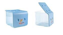 Kidstore Domplex Set van 2 opbergdozen voor kinderen, van polypropyleen, stapelbaar, met 2 openingen, gemakkelijk te organiseren, natuurlijke kleur met blauw deksel, set van 2